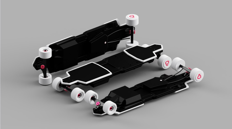 Zephyr folding electric skateboard, deployed and folded