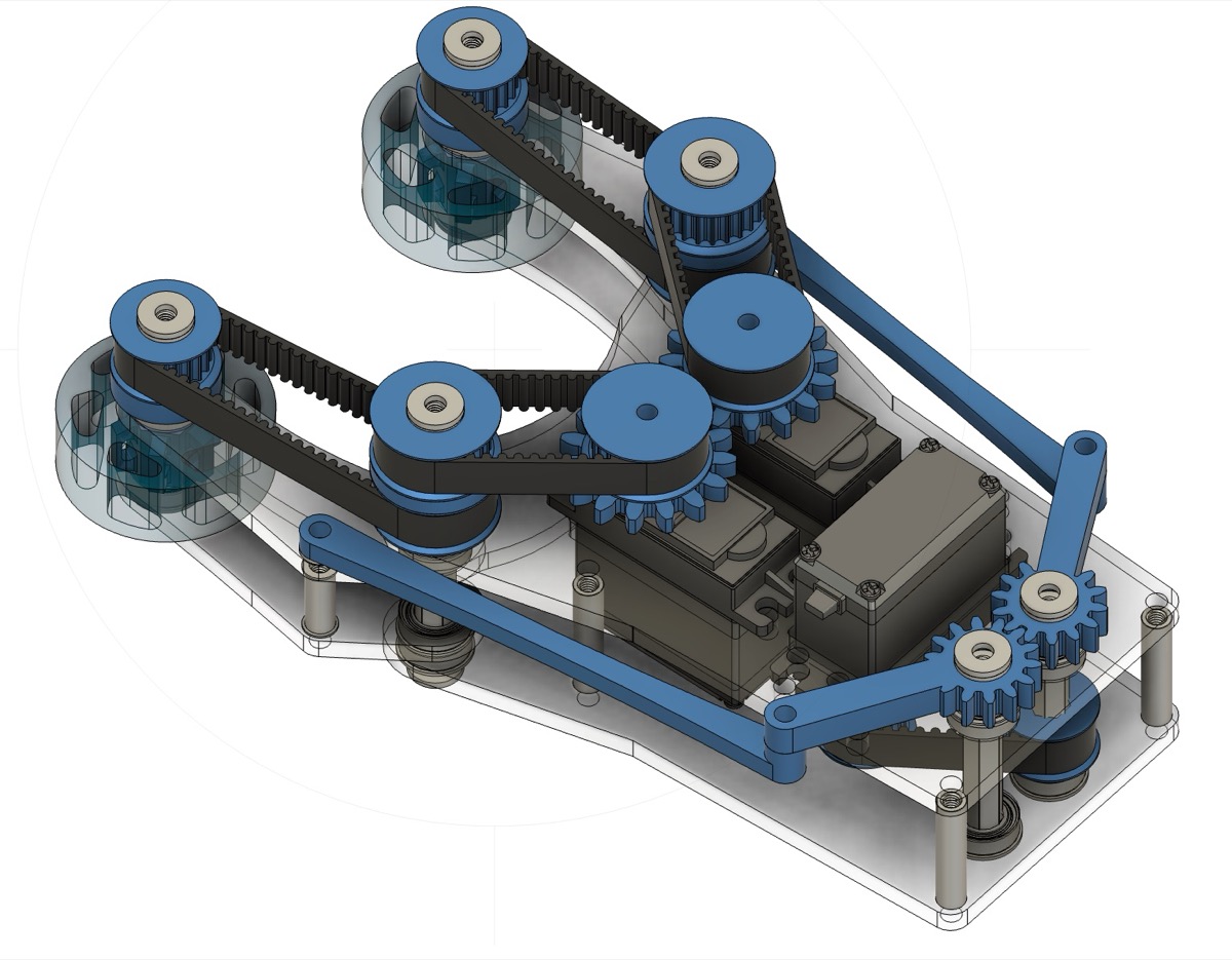 Claw mechanism CAD, four-bar linkage iteration, light blue