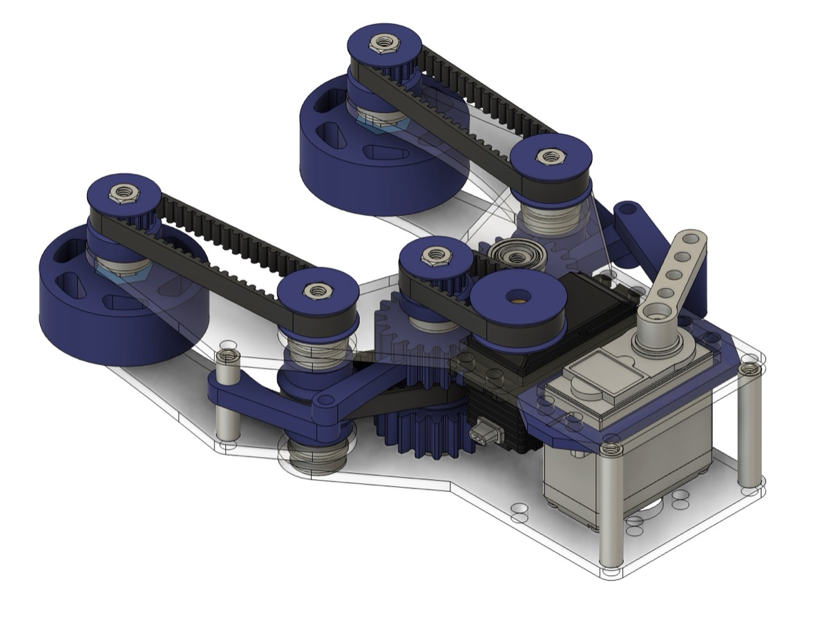 Claw mechanism CAD, four-bar linkage iteration, dark blue